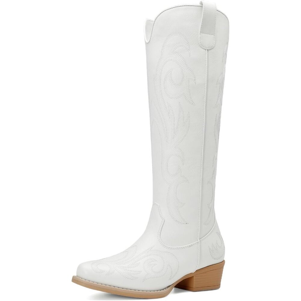 ⚡Womens White Faux Leather Cowgirl Knee High Side Zipper Chunky Heel Boots